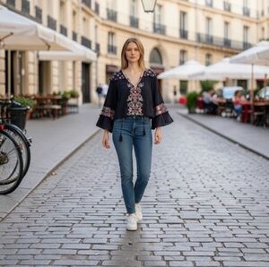 Boho Embroidered Black Peasant Top - Unbranded